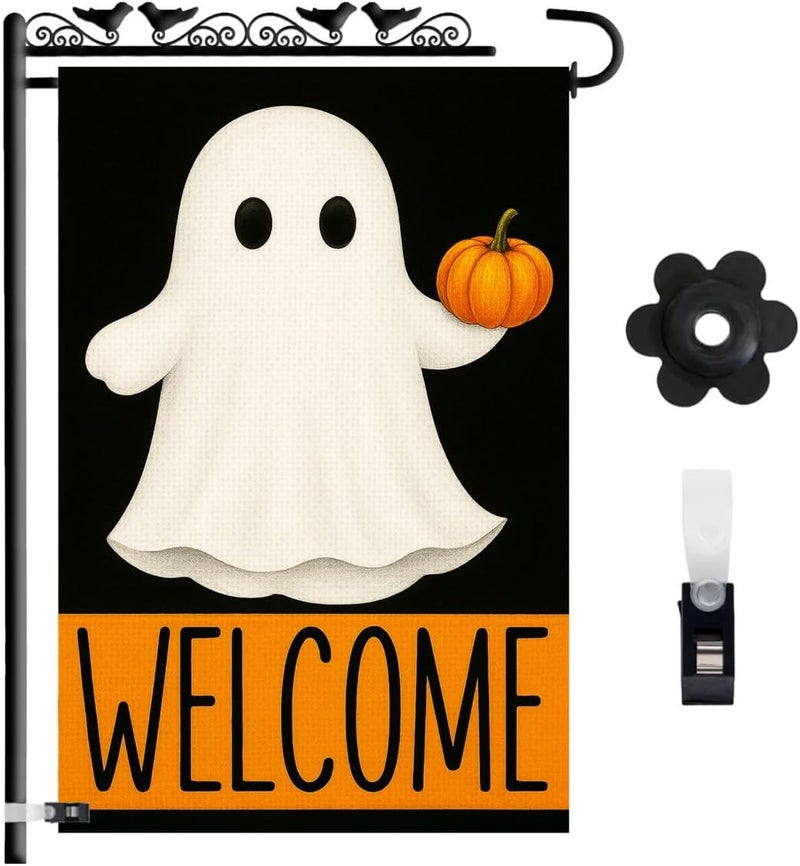 KarvePro Welcome Halloween Garden Flag 12x18 – Spooky Double Sided Burlap Yard Flag for Outside with Ghost & Pumpkin – Weatherproof Fall Outdoor Decor - Image 1